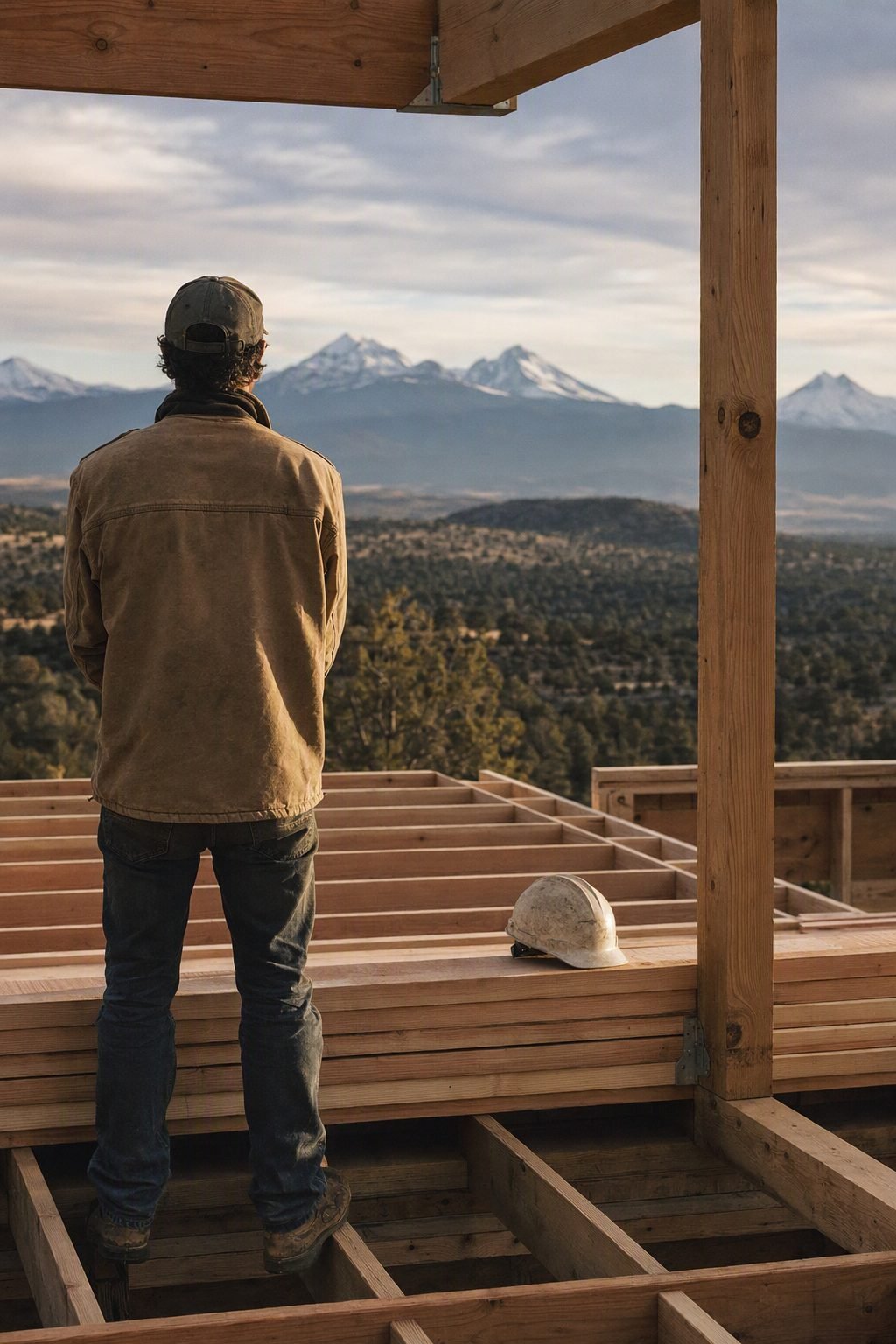 Flagline's owner looking out over the framed shell of a home under construction, mountains beyond