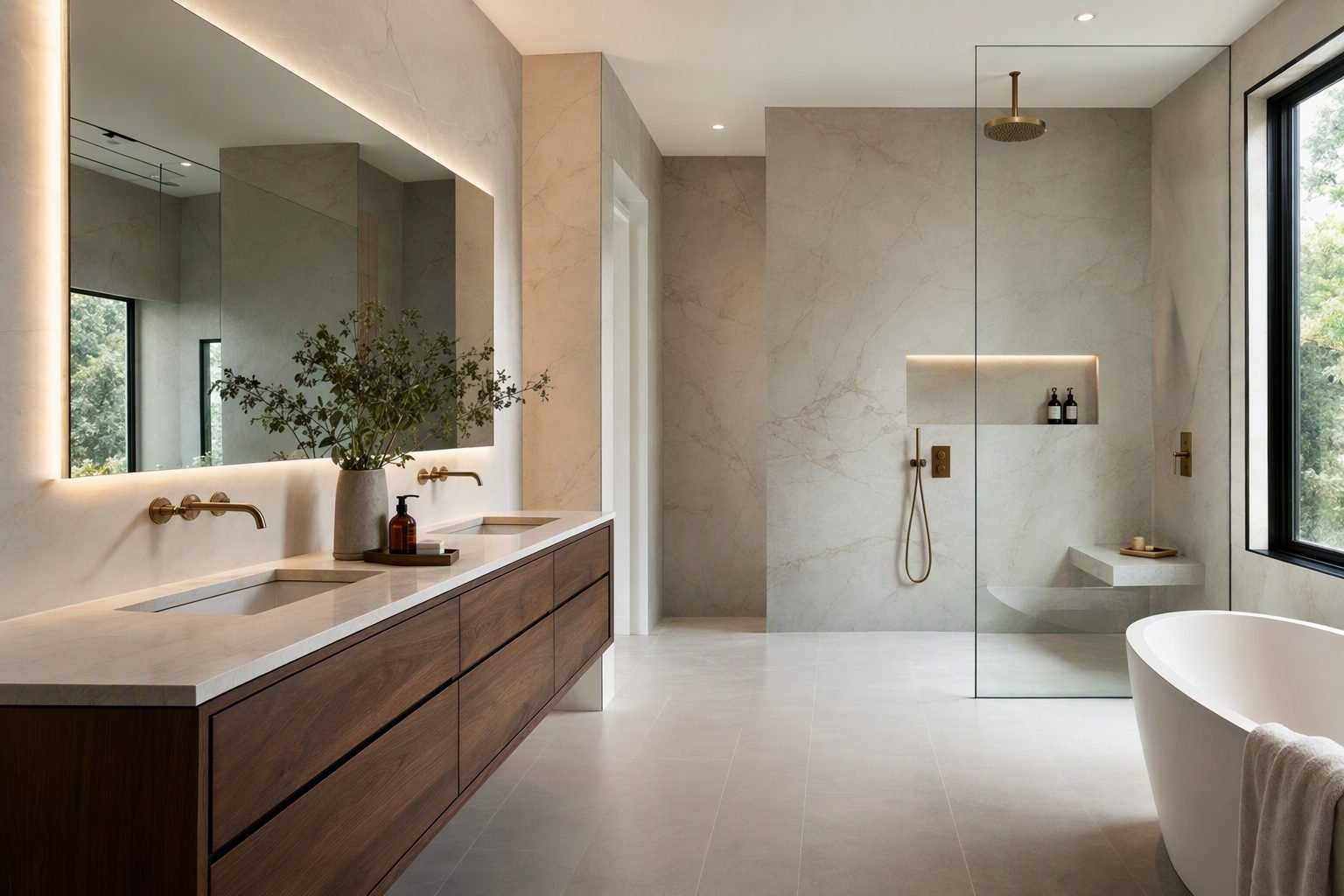 Spa-like primary bathroom with walnut vanity and glass shower