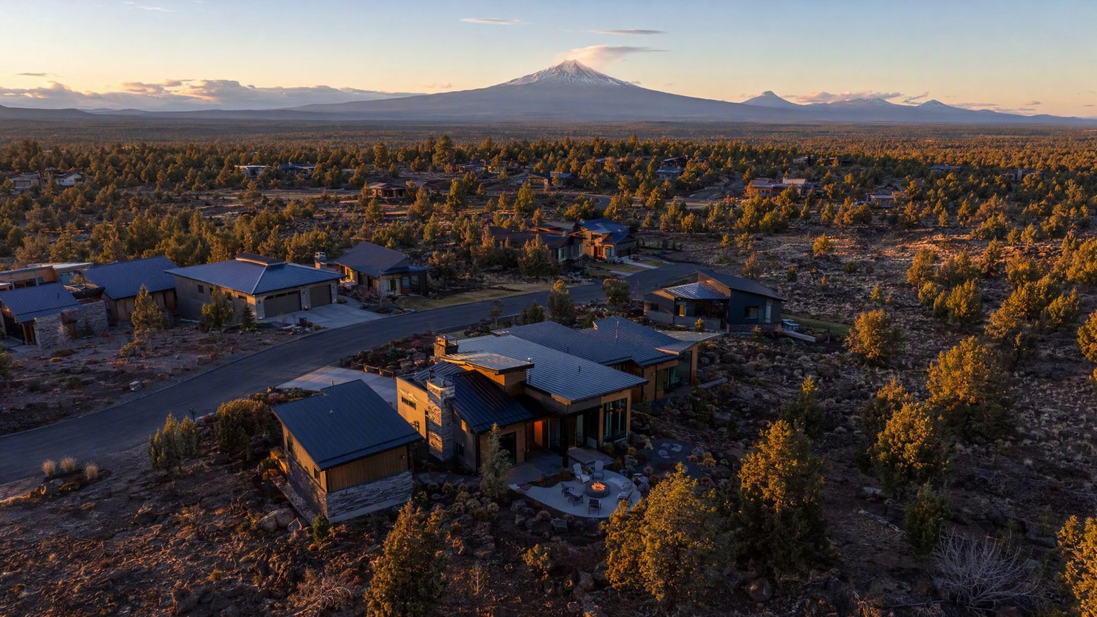 Aerial view of a high-desert neighborhood at golden hour