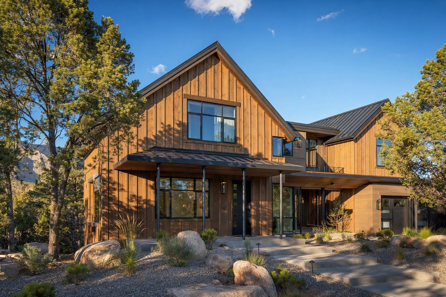 Completed cedar-sided home with covered porch under blue sky