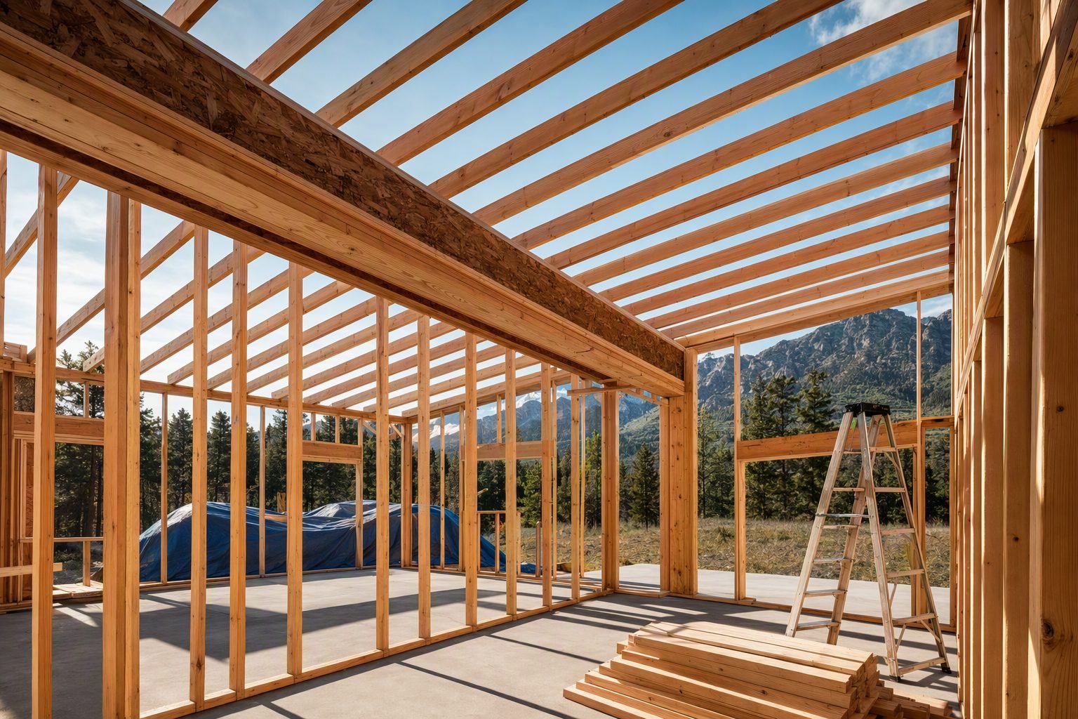 Wood frame of a house under construction against clear sky