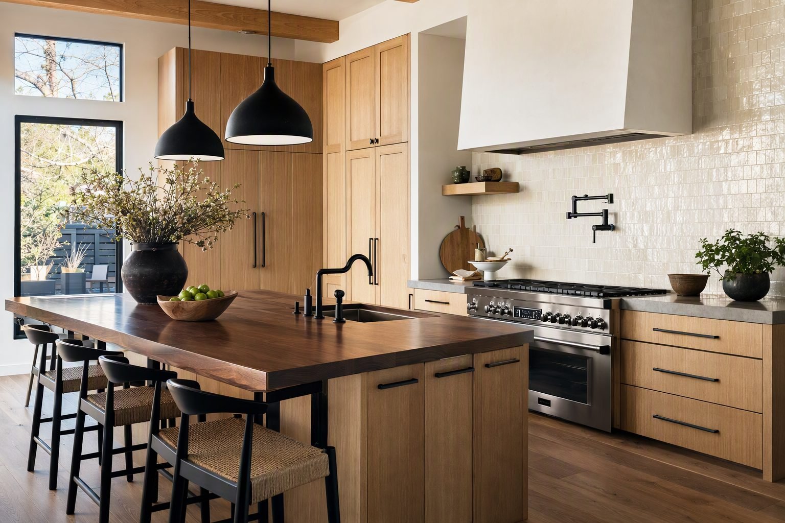 Remodeled kitchen with oak cabinets and walnut island