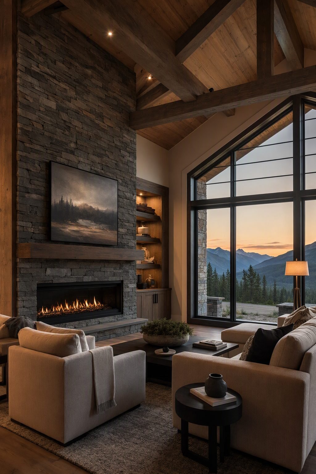 Vaulted living room with stone fireplace and mountain-view window